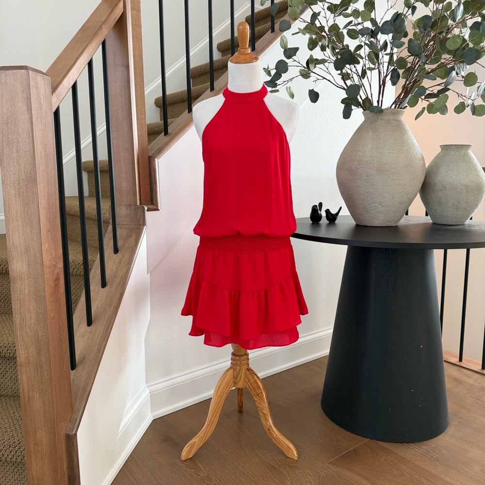 Krisa Red Halter Mini Dress Smocked Waist Tiered Skirt Revolve Size Small